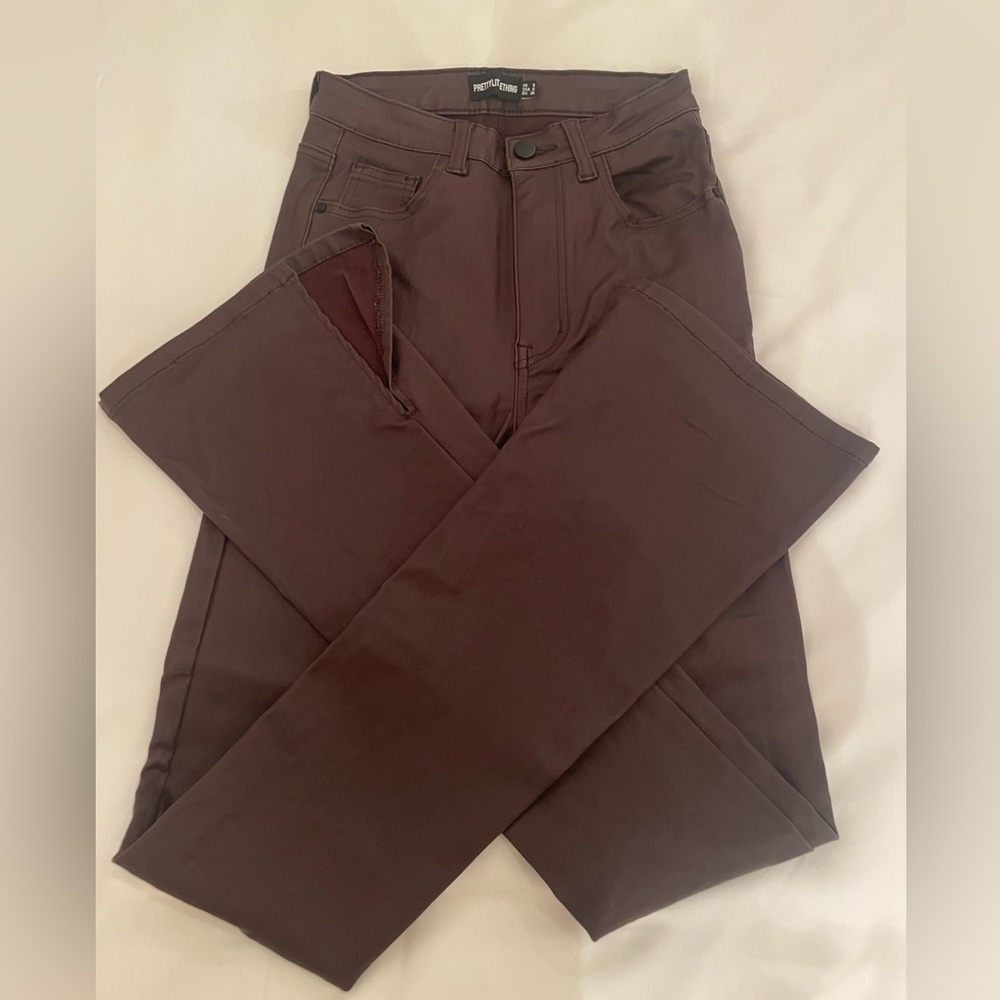Pretty little thing split hem pleather jeans